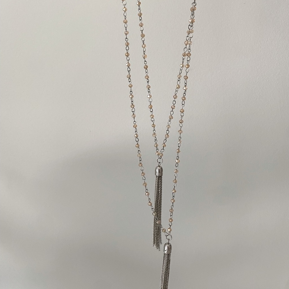 Express silver beaded with tassels long necklace